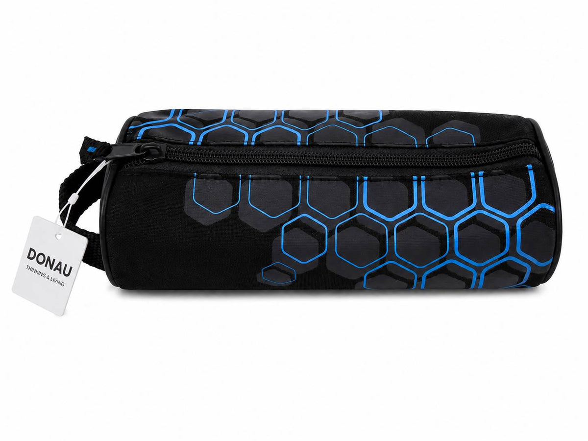DONAU Federmäppchen – Schwarz/Blau | Rundes Stifteetui Mit Waben-Design