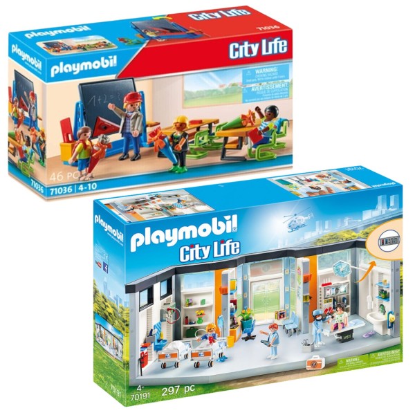 59922_PLAYMOBIL_70191_City_Life_-_Krankenhaus_+_Playmobil_City_Life_-_Erster_Schultag_(71036)_NEU_OVP