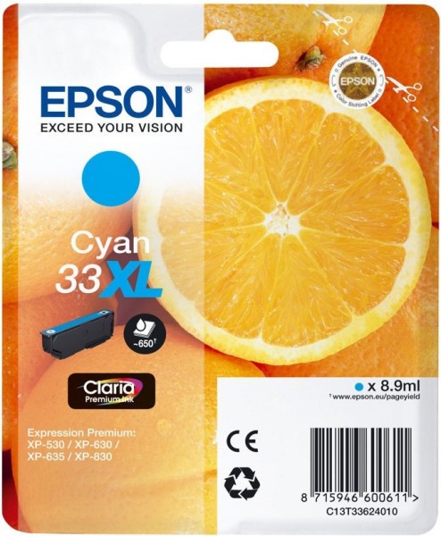 Original Epson Tinte Patrone 33XL cyan für Expression Home XP 530 630 635 830